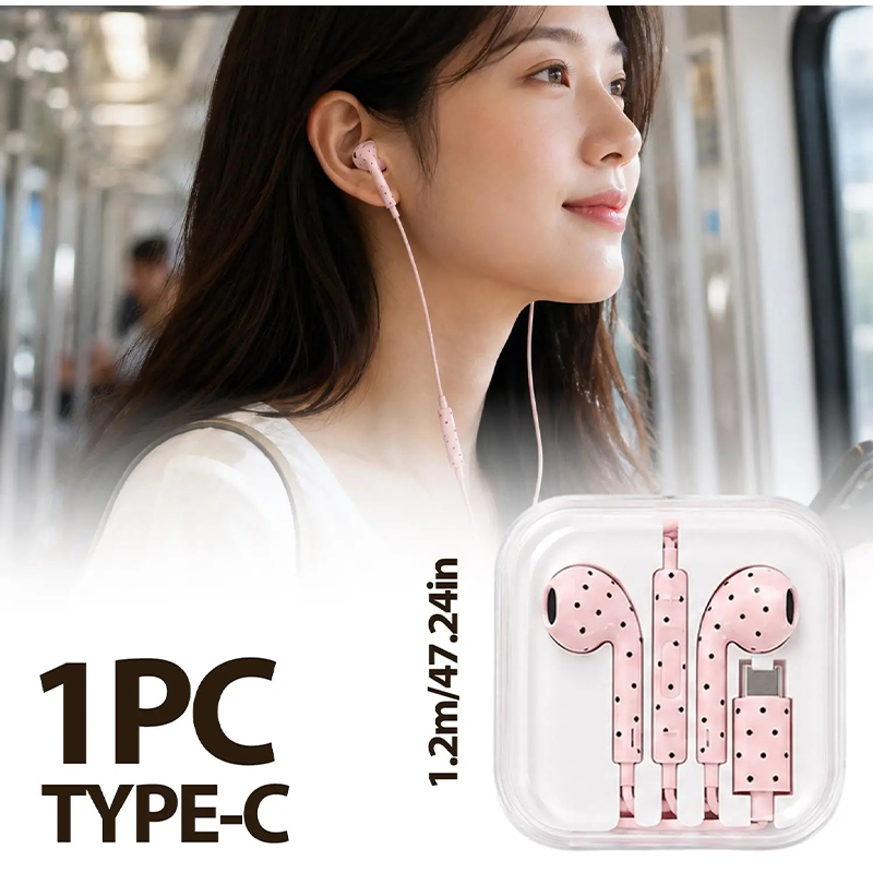 Type C Earphones Polka Dot Sta - Type C Wired Earphones With Mic ulasan dan harga