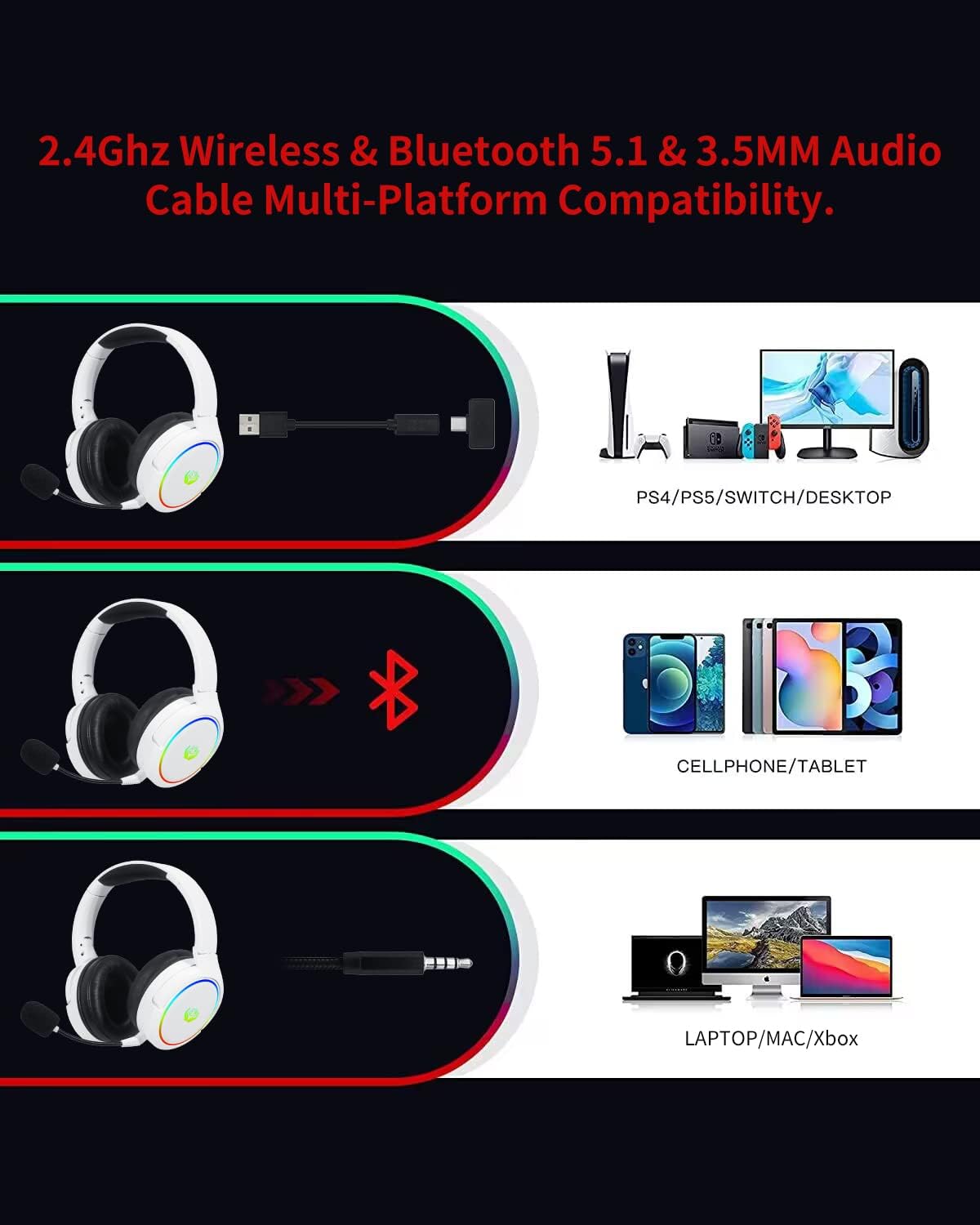 HUO JI 2.4G/Bluetooth Wireless - Gaming Headset With Mic Rgb ulasan dan harga