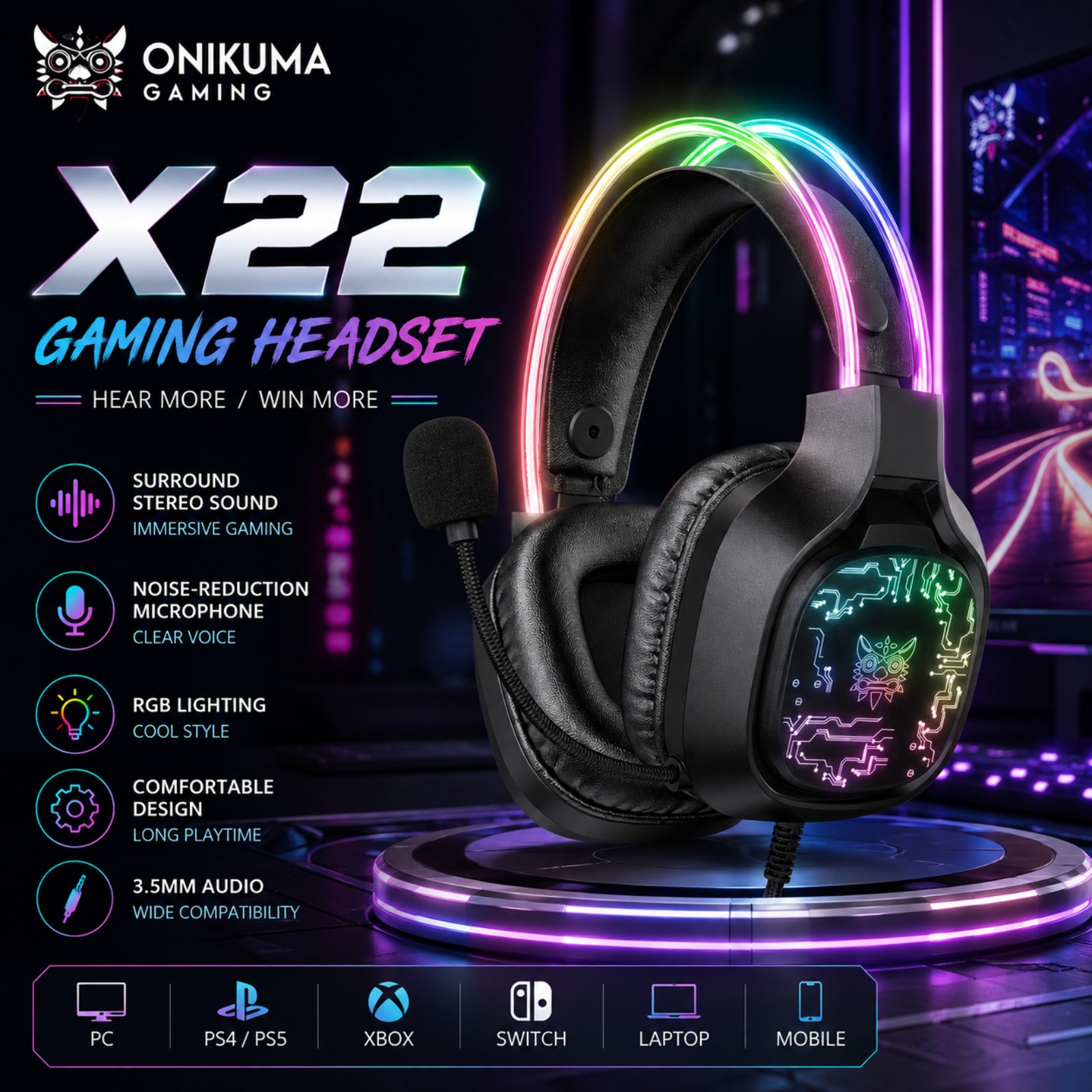 ONIKUMA X22 Wired Gaming Heads - Gaming Headset With Mic Rgb ulasan dan harga